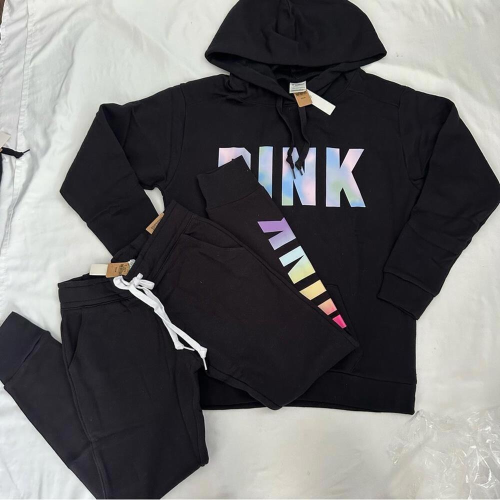 Victoria's Secret PINK Black Hoodie & Joggers with Iridescent Rainbow Logo